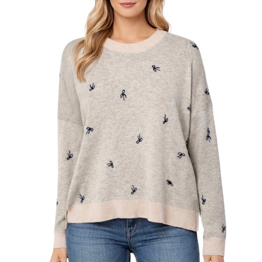 Madewell Bow Jacquard Gray Knit Pullover Sweater Crewneck Long Sleeve Women's S